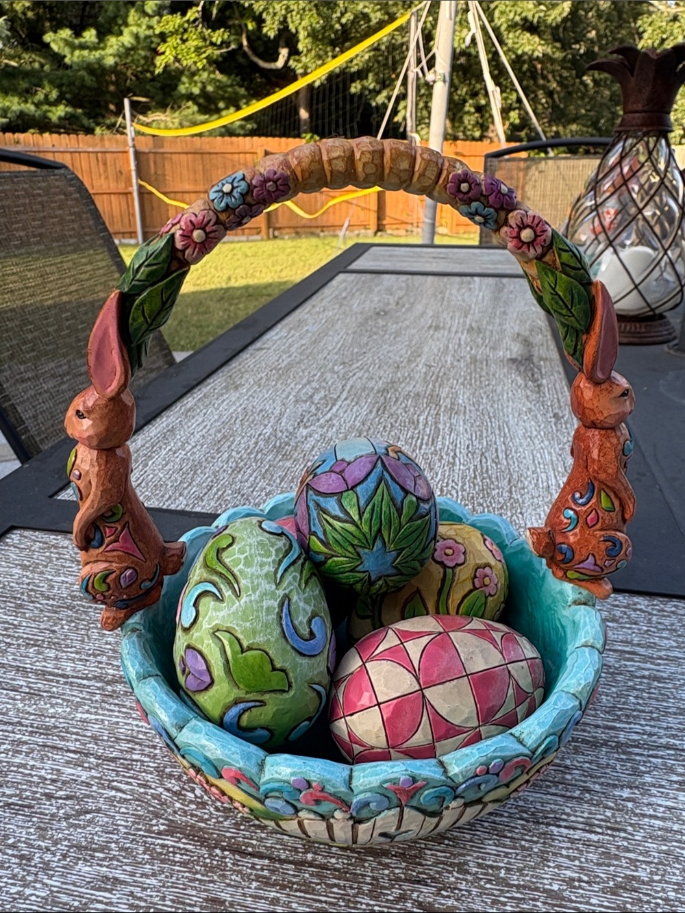 Jim Shore Hand-Painted Turquoise Basket with Multicolored Eggs